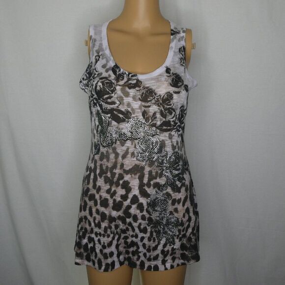 Cache Cheetah Print Floral Beaded Tank Top Scoop Neck Animal Sparkly Rhinestones - Picture 1 of 8